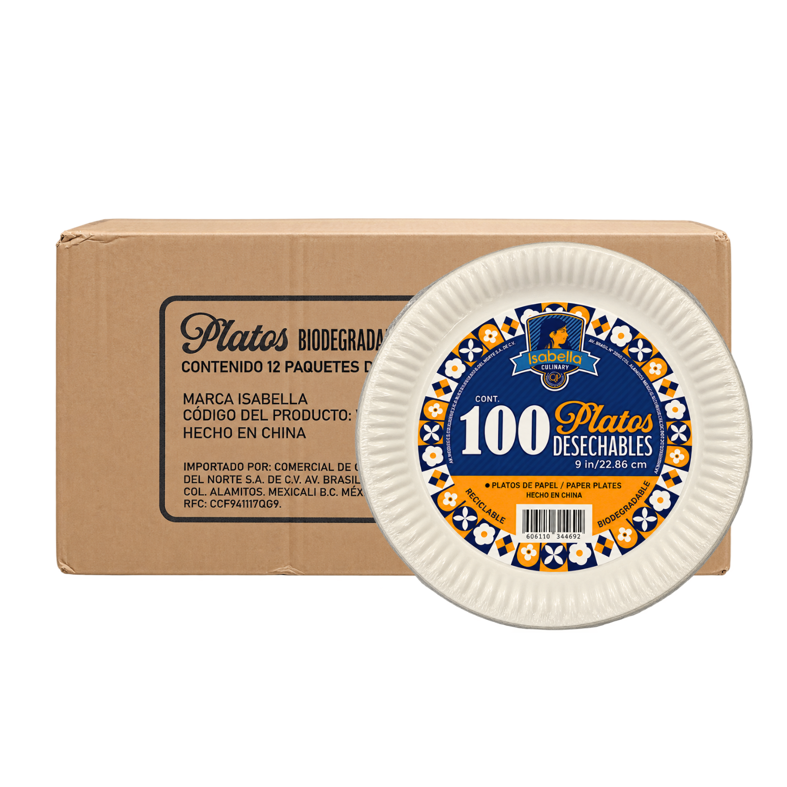 PLATO DE CARTON MEDIANO 9 PULG ISABELLA 12/100PZ