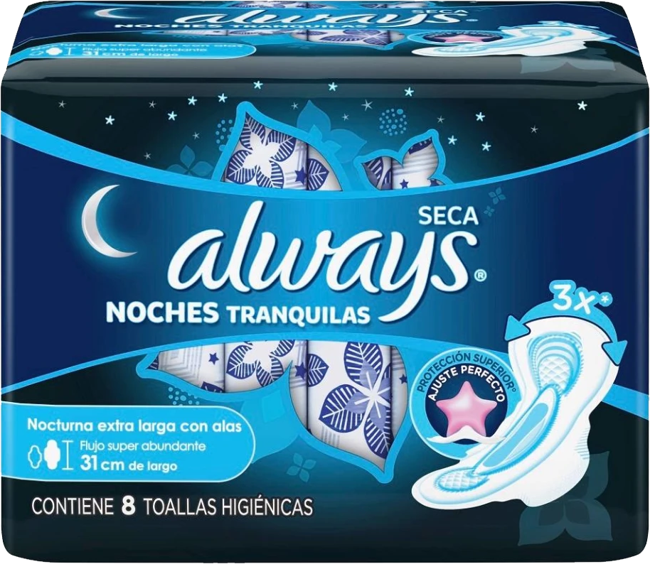 TOALLA FEMENINA ALWAYS NOCHES TRANQUILAS SECA 12/8 PZ