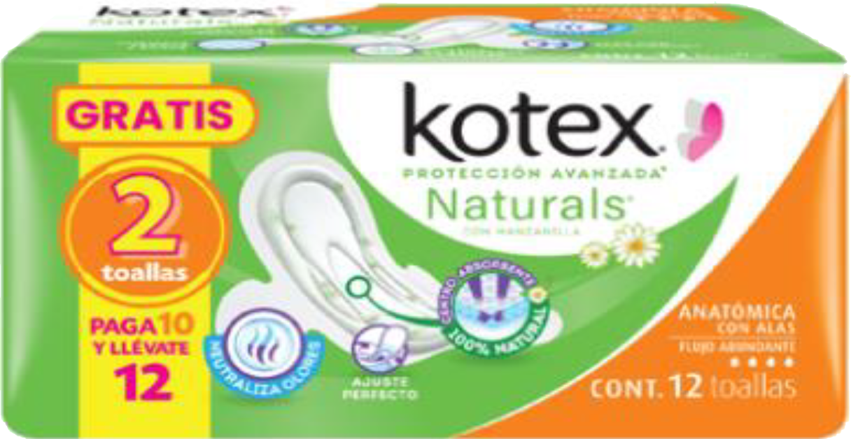 TOALLA FEMENINA ANATOMICA KOTEX NATURALS C/ALAS 10/10+2PZ