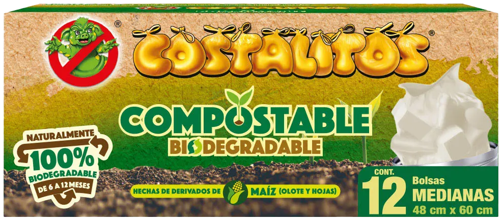 BOLSA P/BASURA COSTALITOS COMPOSTABLE MEDIANA 48X60 12/12PZ