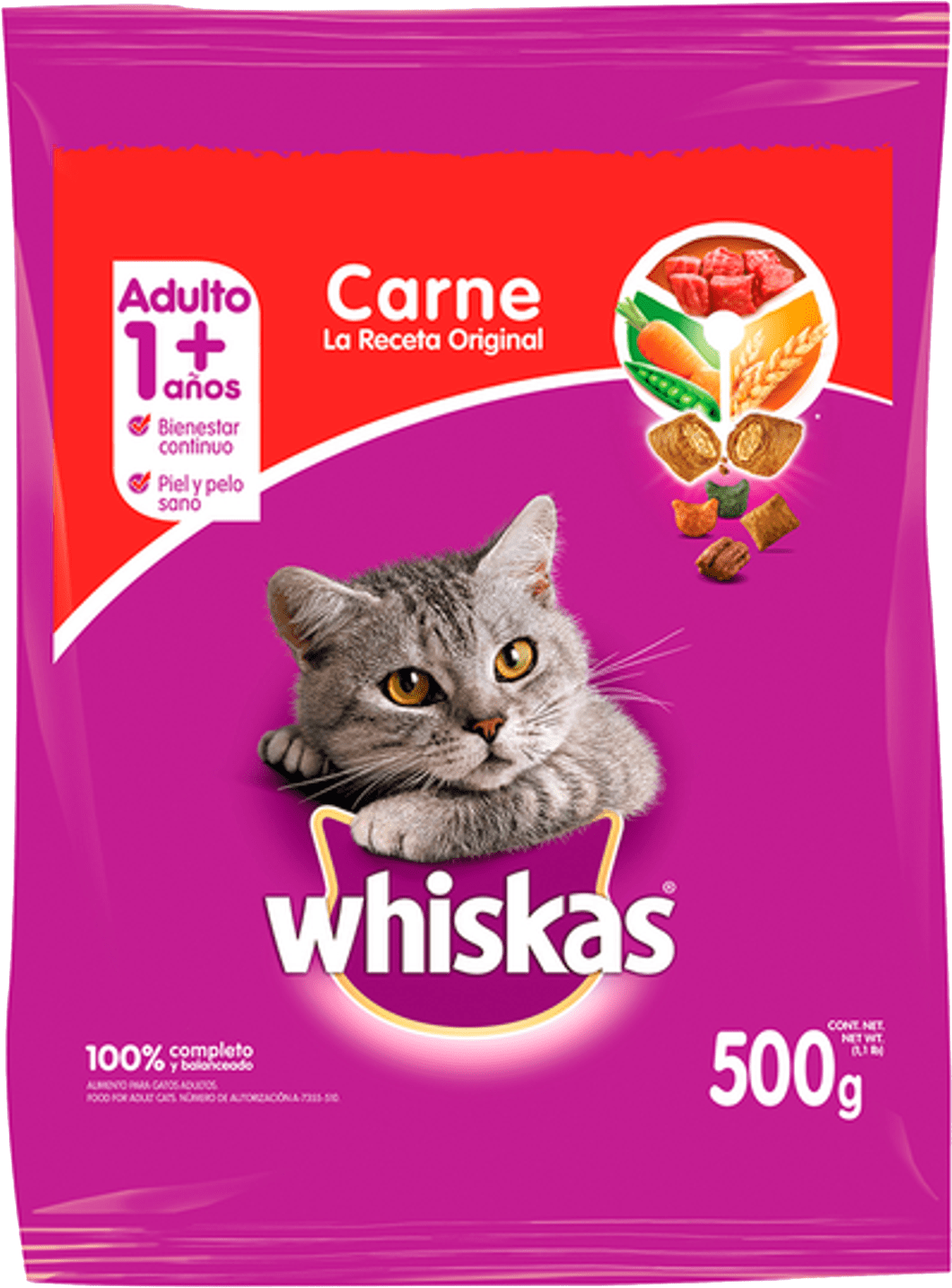 COMIDA P/GATO ORIGINAL C/CARNE WHISKAS 12/500GR