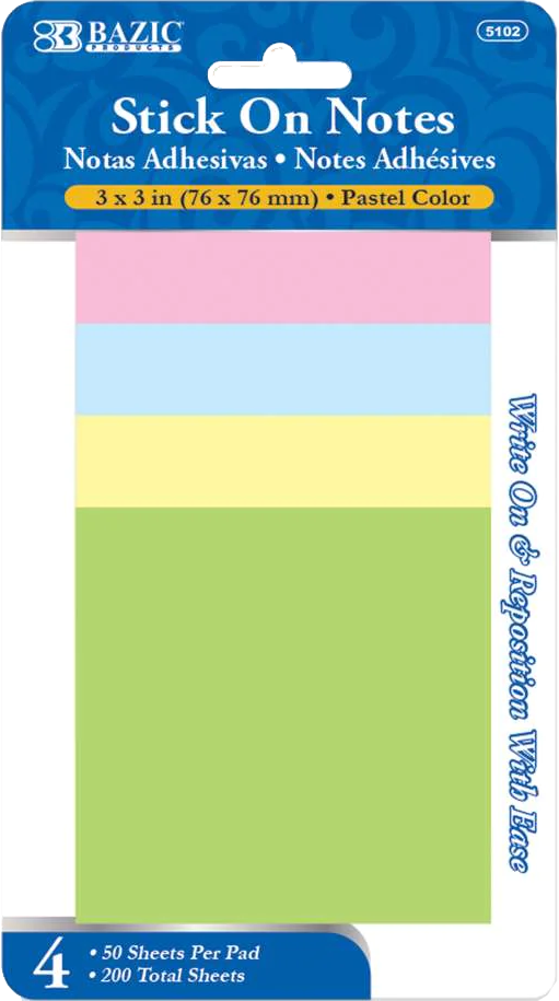 BLOCK DE NOTAS C/ADHESIVO 50HJ COLOR PASTEL 144/4PZ